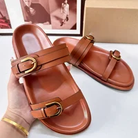 2024 Summer Beach Slippers for Woman Casual Outdoor Black Buckled Strap Female Flat Shoes Soft PU Leather Chic Ladies Slides - Image 3