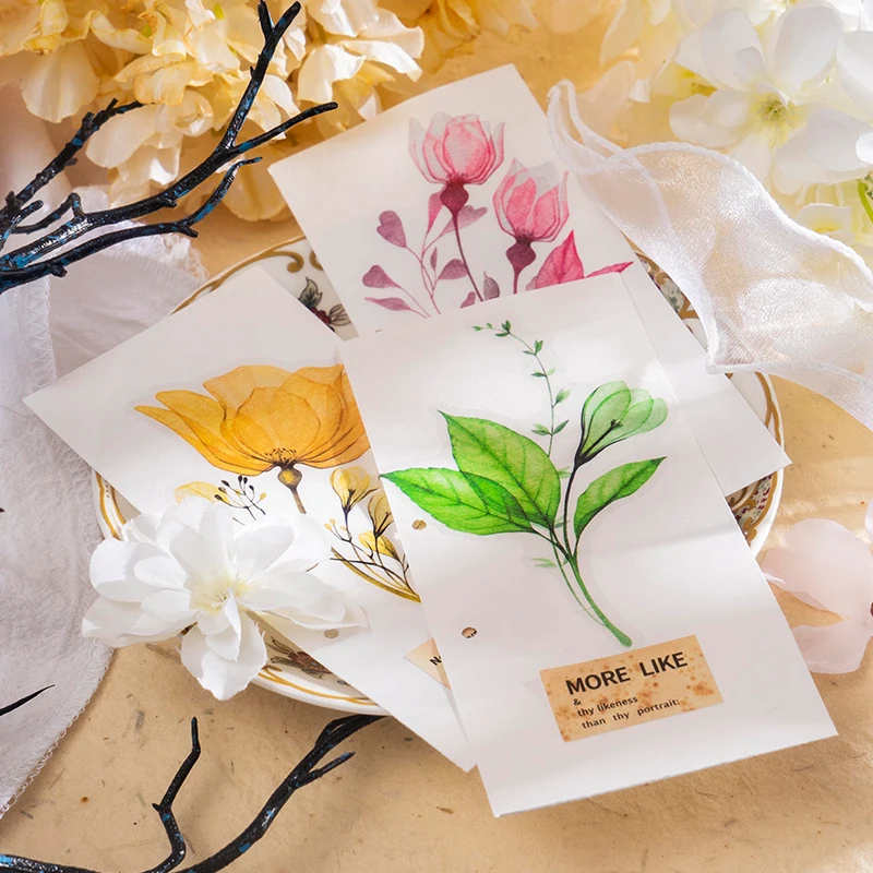 

10Pcs Decorative Flowers Stickers Material collage colorful crystal shadow plant Literary Gift Base Paper Scrapbooking 20*9CM