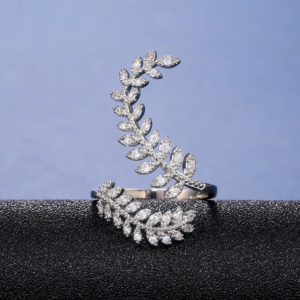 Fashion Leaf Opening Ring Women Wedding Party Delicate Finger Ring Cubic Zirconia Adjustable Jewelry