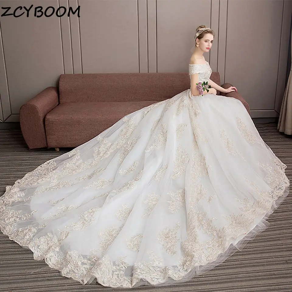 

Luxury Off Shoulder Lace Appliques Beading Ball Gown Wedding Dresses 2024 Sweetheart Lace Up Court Train Bride Gowns For Women