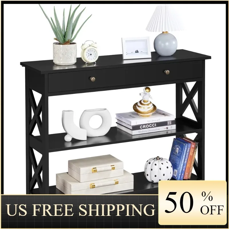 

Easyfashion 3-Tier X-Design Wood Console Table with Storage Drawer, Black