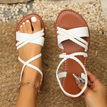 White Summer Sandals for Women 2026, Braided Cross Strap Flats, Casual Beach Slides Easy to Match Dresses & Jeans 1