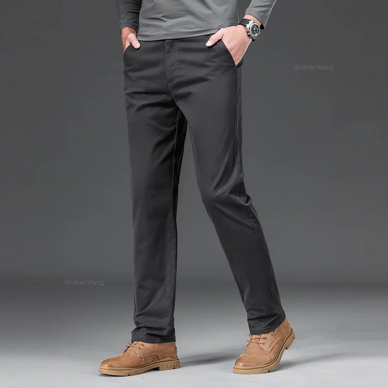 9 Color Men's Cotton Casual Pants Elastic Waist Slim Straight Solid Color Business Trousers Four Seasons Brand Male Clothes 4