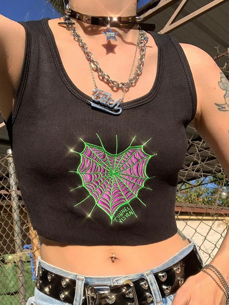 

Embroidery Crop Tank Top Y2K Fashion Knit Shirts Sexy Club Goth Punk Streetwear Women 2023 Autumn Winter Clothes