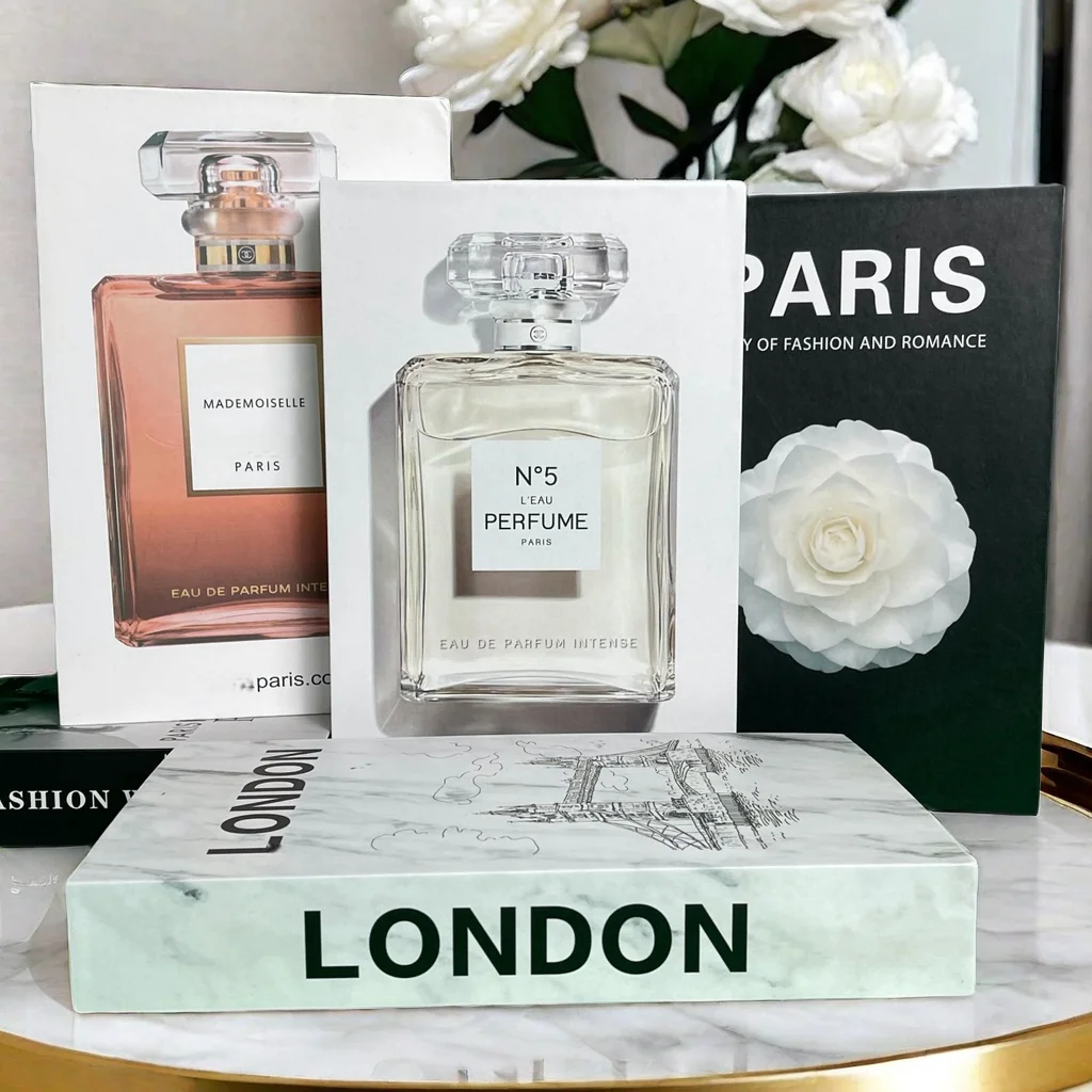 Luxury Perfume Fashion Brand Fake Books Coffee Table Decoration Storage Box Paris London Faux Decorative Book Living Room Decor
