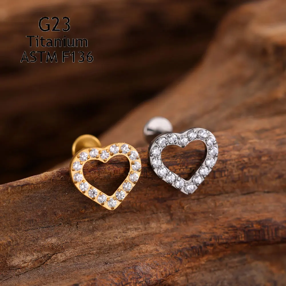 ASTM F136 티타늄 귀 스터드 세트 5A 지르콘 하트 Labret 귀 연골 헬릭스 링 코 피어싱 바디 쥬얼리 파인 귀걸이