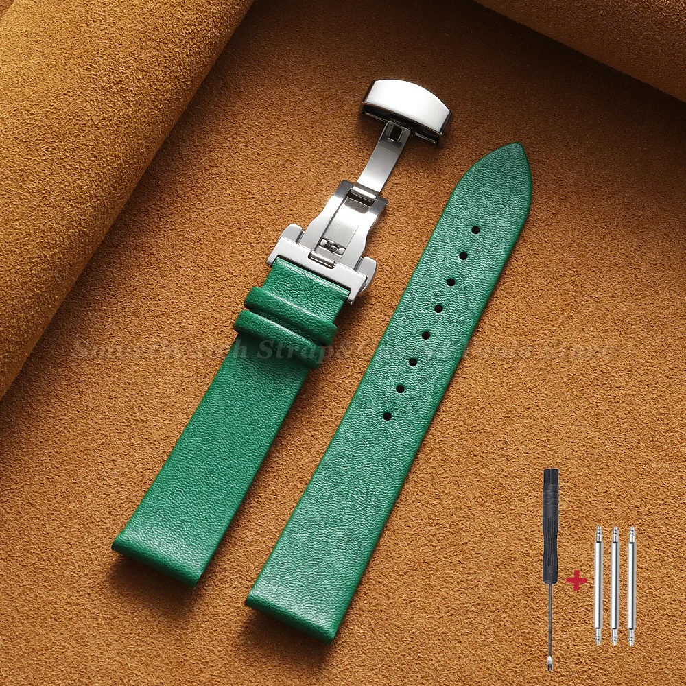 Premium Ultra-Thin Genuine Leather Watch Strap with Soft Cowhide Band and Butterfly Clasp
