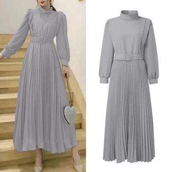 Abiti lunghi eleganti e chic da donna con collo alto, maniche a lanterna, cintura in vita alta, abito lungo plissettato ZANZEA in stile coreano Robe Femme