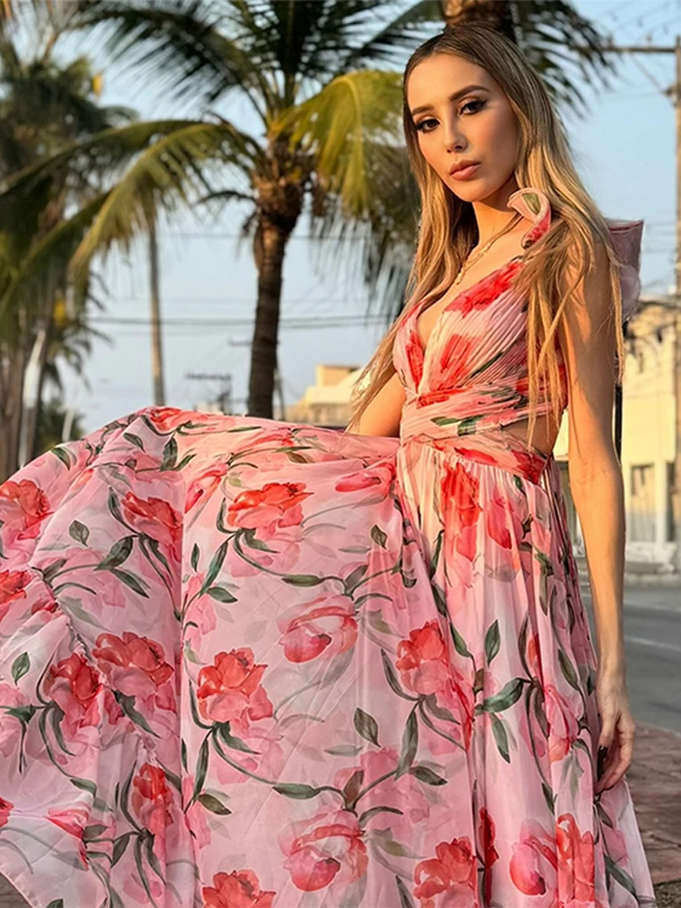 Beach Vacation Print Dress Women 3D Flower V Neck Sleeveless Bandage High Waist A Line Robe Female 2026 Summer New Chic Dresses 3