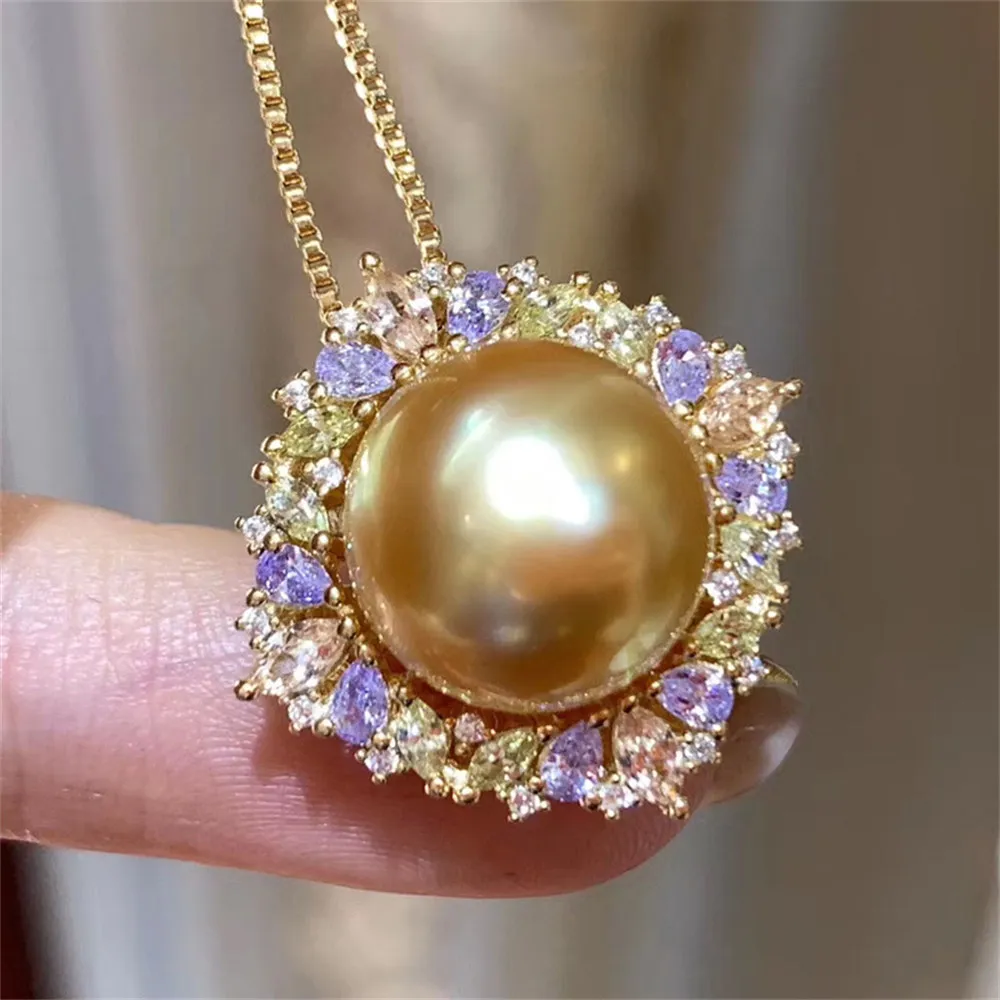 

DIY Pearl Accessories S925 Sterling Silver Pendant with Empty Holder Plating Thick Gold Colorful Treasure Style Pendant