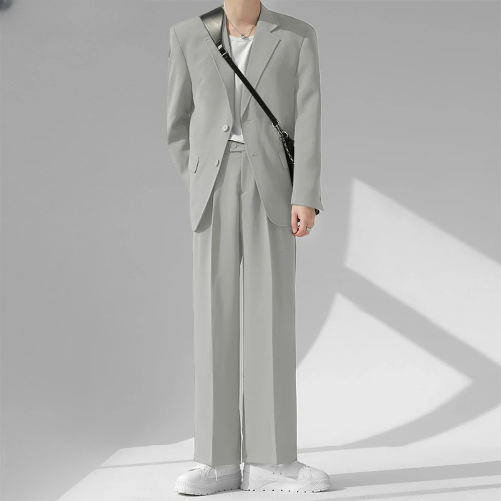 SILIWEYA Men Sets Solid Color Streetwear Laple Long Sleeve Button Blazer + Pants 2PCS 2024 Korean Fashion Men Casual Suits