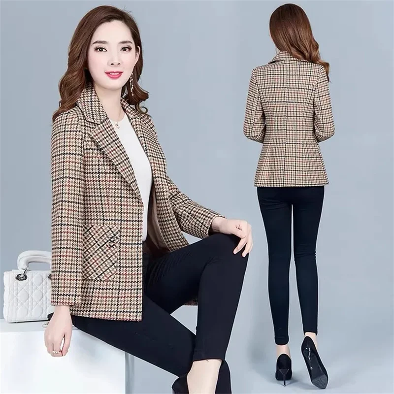 Fashion Blazer Plaid Suit Jacket Mother's Jacket Women's Short Slim Fit 2022 Spring And Autumn New Korean Blouser Cardigan Top