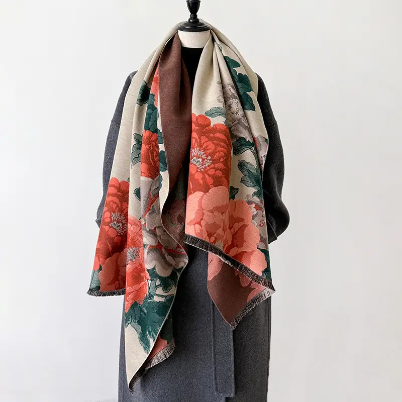 Fashion Peony Flower Print Shawl Women Imitation Cashmere Warm Scarf Autumn Winter Double Sided Ladies Pashmina Cape Cloak - Image 5