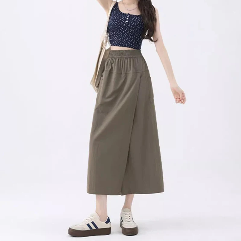 Sommerliche, bequeme, lockere, dünne Röcke für Damen – Modische High-Waist-Schlitz-Culottes für Mädchen – Koreanisches, einfarbiges Midi-Cargo-Kleid für Frauen – Detail 18