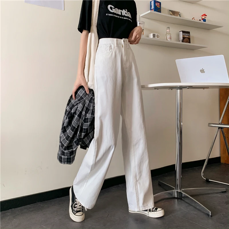 Women All-match College Casual BF Style Straight Pants 2021 White Korean Full Length Loose Ins Pop Jeans Stylish Spring Trousers