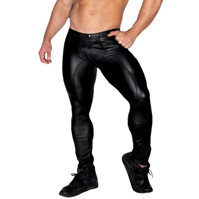 Wet Look Faux Latex Leather Punk Leggings Shiny Zipper Open Crotch Skinny  Pants