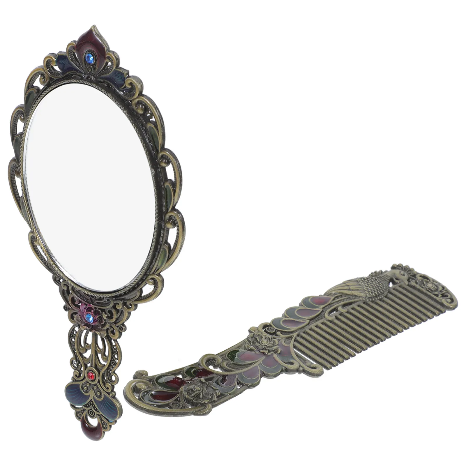 1 세트 빈티지 공작 화장 거울 금속 휴대용 소형 거울 빗 세트 장 경량 휴대용 여행 선물