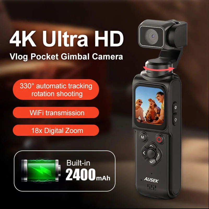 Caméra action 4K Ultra HD avec cardan intégré et suivi automatique en rotation à 330°, capturant une vue panoramique.