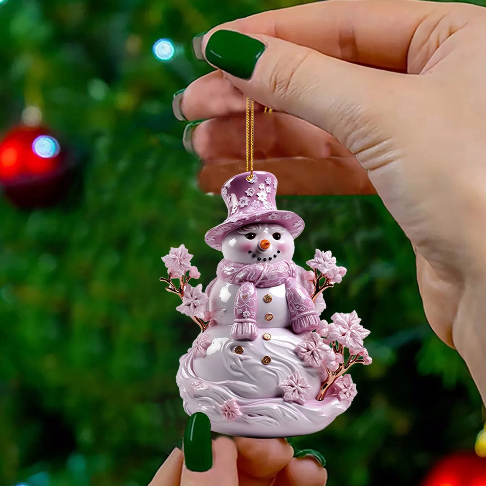 thumbnail image 1 of Adornos colgantes únicos de muñeco de nieve rosa para Navidad, estilo único, lindos colgantes con estampado de dibujos animados, decoración para árbol de Navidad, decoración navideña, 1 of 4