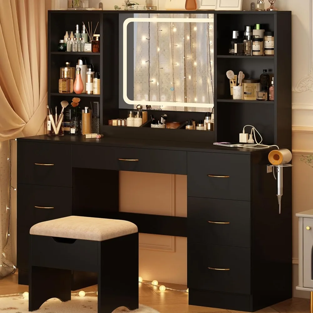 47" Large Vanity Desk with Mirror and Lights, LED Vanity Set with Stool and Power Outlet, Drawers and 3 Lighting Modes, Dresser