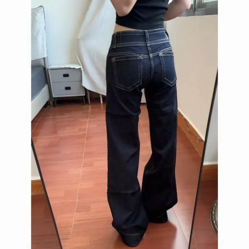 Womens Jeans New American Style Double Waist Button Bootcut Loose Fit Low Rise Straight Leg Pants Not Tight - Image 5