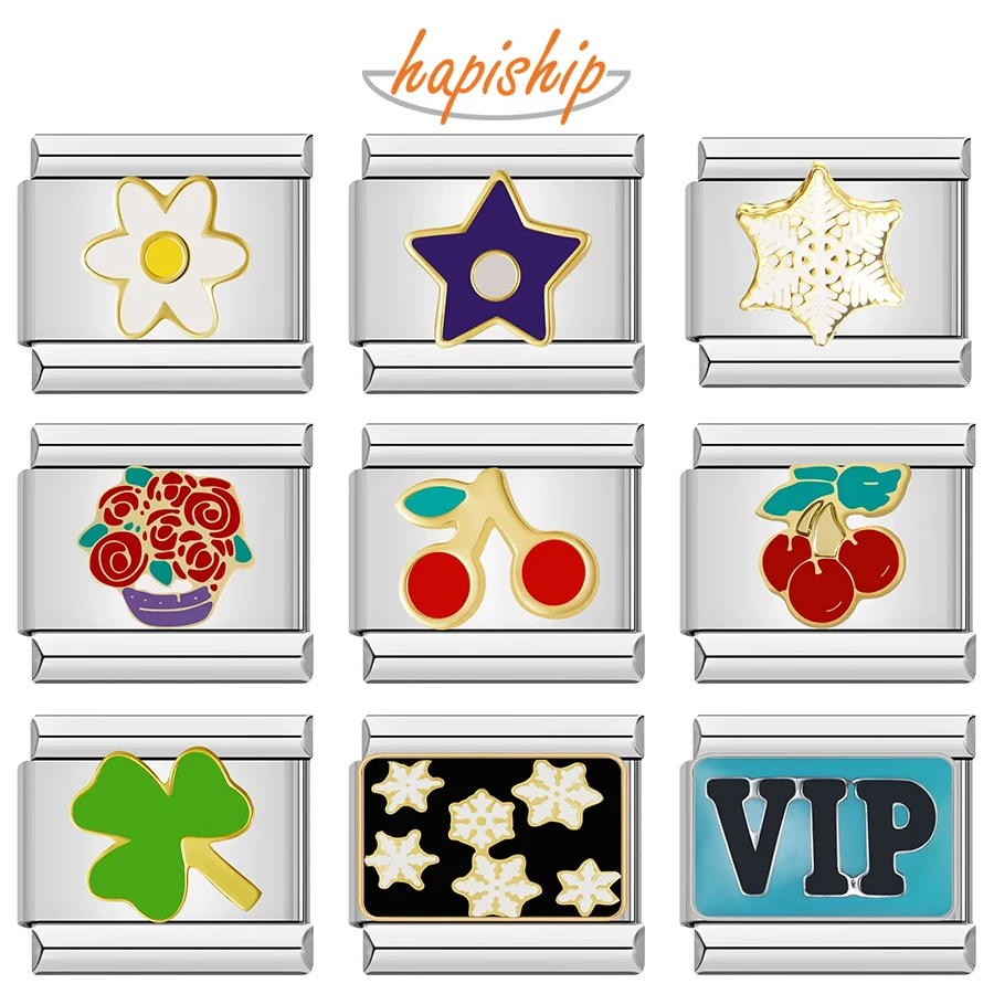 Hapiship New 9mm Width Daisy Flower Star Snowflake Cherry DIY Italian Charm Bracelet Stainless Steel Jewelry Making DJ097