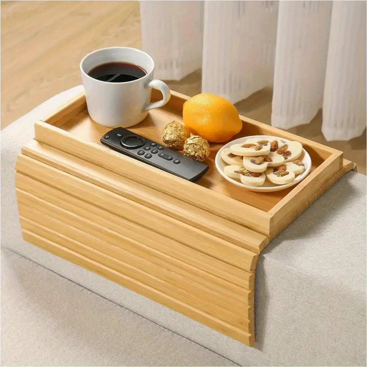 Sofa Armrest Tray Collapsible Bamboo Sofa Armrest Table, Non-slip Tray with Cup Holder, Snack Side Table
