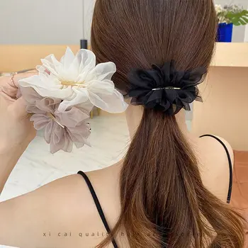 Fermaglio per capelli in chiffon super elegante con fiore, perfetto per l'estate, ideale per coda di cavallo, con un semplice design a molla.