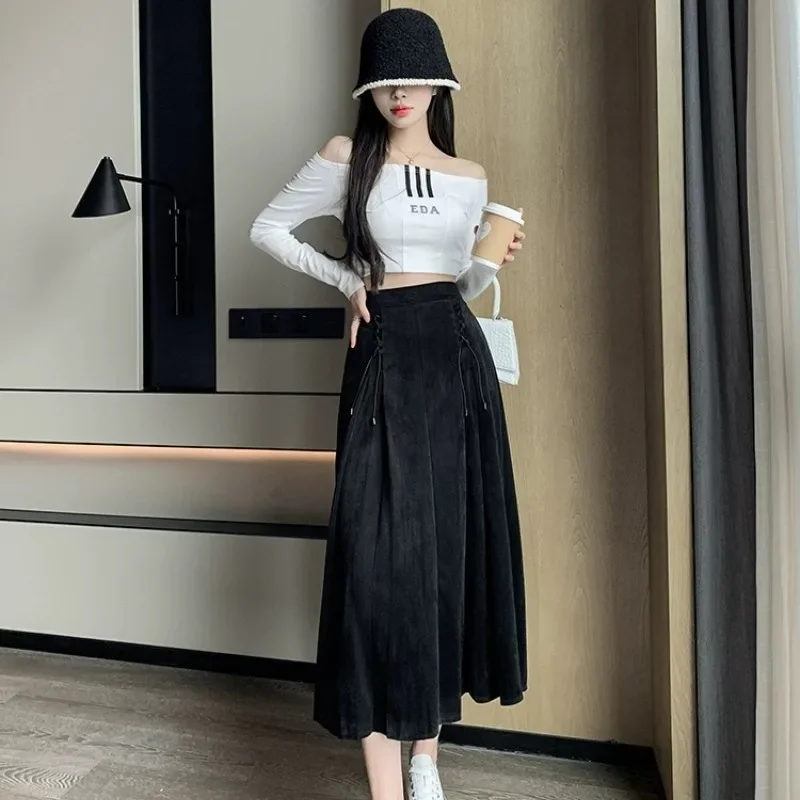 

Vintage Corduroy Lace-up Black Long Skirts for Women High Waist Patchwork A-line Skirt Korean Style Faldas Para Mujeres Elegante