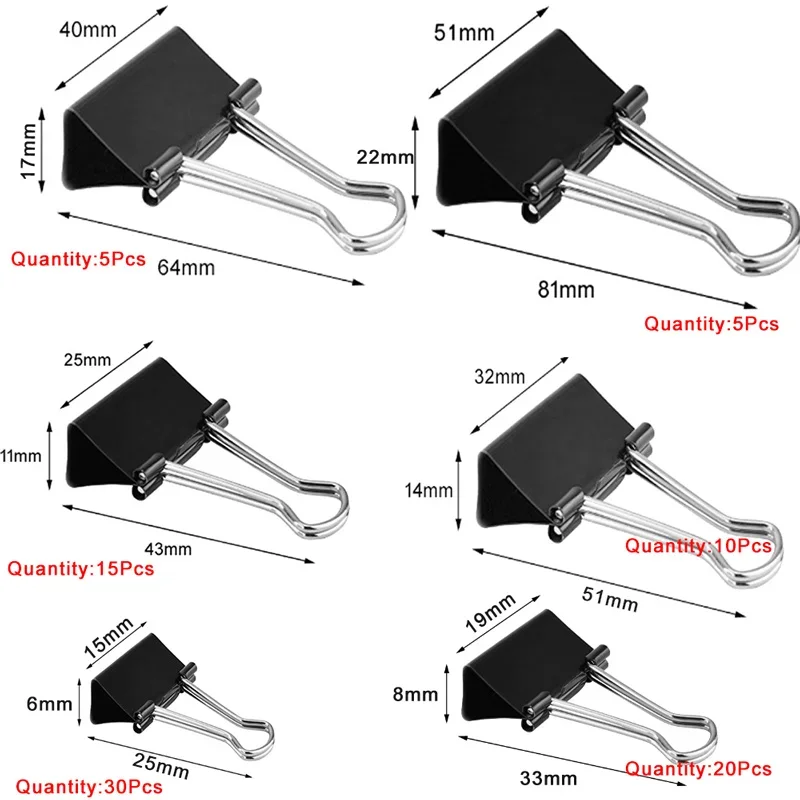 Binder Clips 5-30Pcs Binder Clips Metal Fold Back Clips Small Paper Clip Clamp 15/19/25/32/41/51mm Office Clip for Home School Office Storage