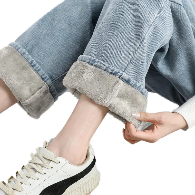 여성용 따뜻한 청바지, 루즈한 두꺼운 플러스 벨벳, 하이 웨이스트 와이드 레그 청바지 바지, 캐주얼 스트레이트 플리스 데님 바지, 겨울
