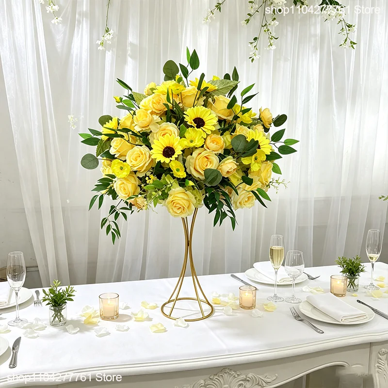 Gelbe Rose Sonnenblume Grünpflanzen Künstliche Tischdekorationen Blumenball Rasen Hochzeitsempfang Dekoration Event Bankett Party Requisiten
