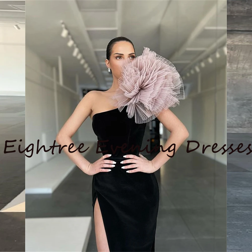 green evening gown Eightree Black Velour Mermaid Long Side Slit Evening Dresses Prom Dress One Shoulder Pink Flower Formal Party Gowns Graduation green evening dress