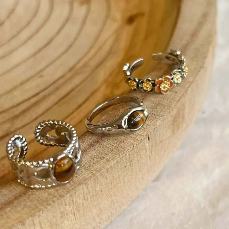 Vintage Brown Tiger Eye Stone Rings for Women Men Silver Color Irregular Round Opening Ring Aesthetic Jewelry Gift Free Shipping 1