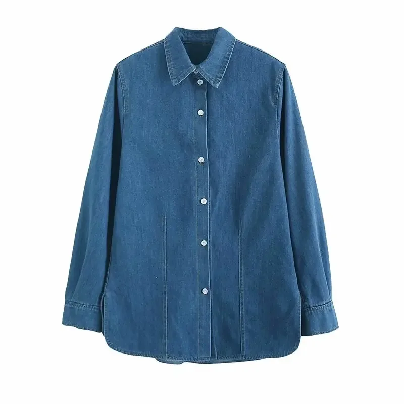 

CO Women's 2023 Fashion Two-color Casual Joker Denim Fabric Long Blouses Retro Long-sleeved Button Blouses Chic Tops