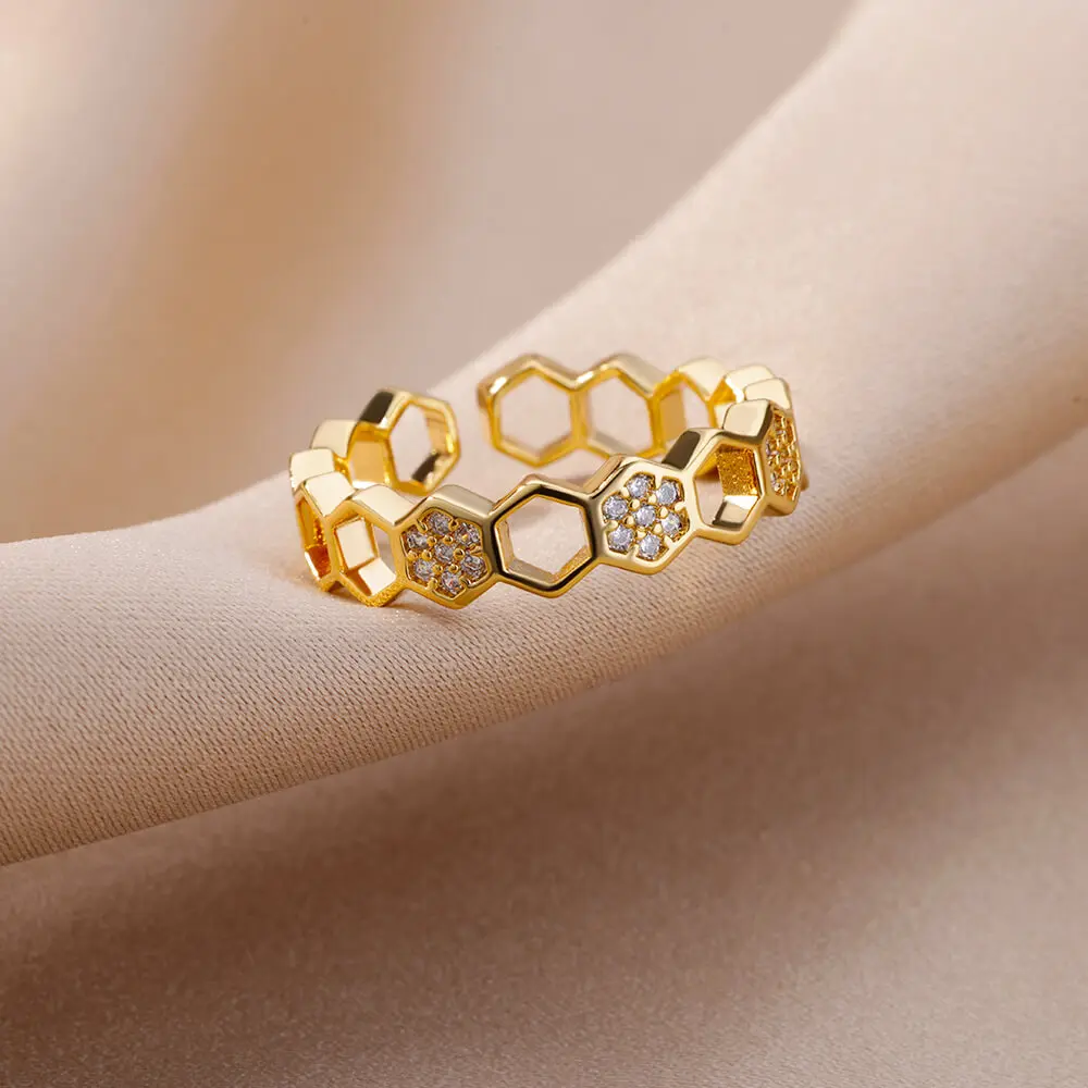 Zirco Hexagonal Ring Stainless Steel Gold Plated For Women