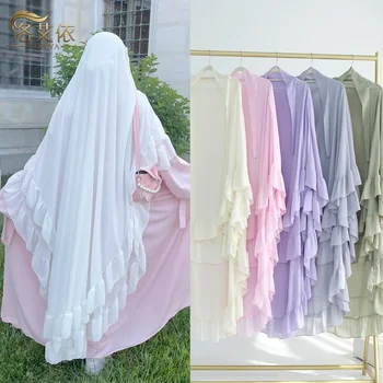 Ruffles 2 Layers Long Khimar Hijab Scarf Muslim Prayer Garment Islamic Jilbab Khimars for Women Abaya Hijabs Niqab Ramadan Eid
