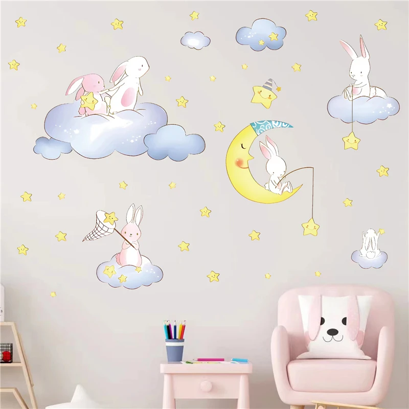 

Lovely Rabbit Fishing Wandering In Sky Wall Stickers For Kids Bedroom Decoration Animals Mural Art Diy Home Decals Pvc Posters