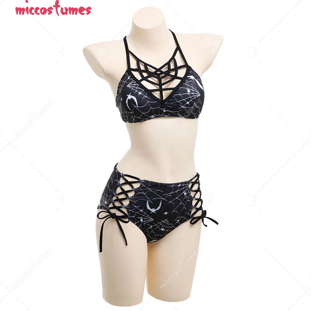 Women Gothic Style Swimwear Sexy Bathing Suit Spiderweb Decorated Two