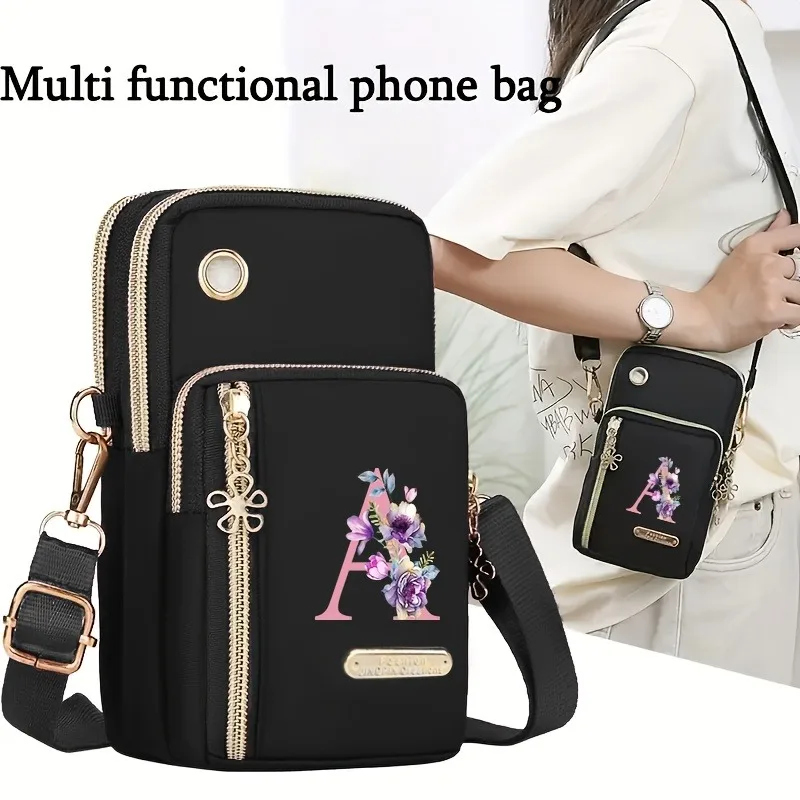 Floral Print Mobile Wallet with Zippered Card Organizer and Adjustable Strap