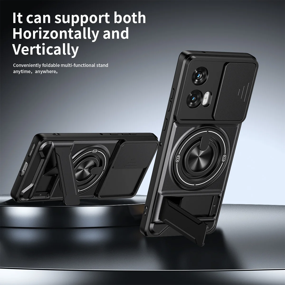 Rugged Shockproof Phone Case with Slide Lens Protector and Stand