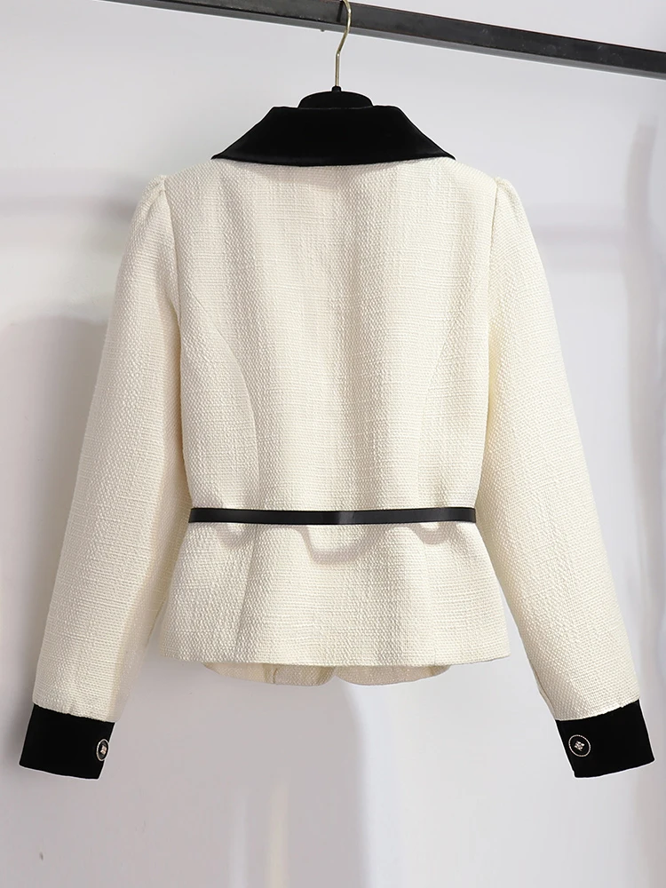 UCXQ Black White Contrast Elegan Women 2 Piece Set With Belt Tweed Jacket+High Waist Fashion Skirt 2023 Autumn Winter New 3A5179