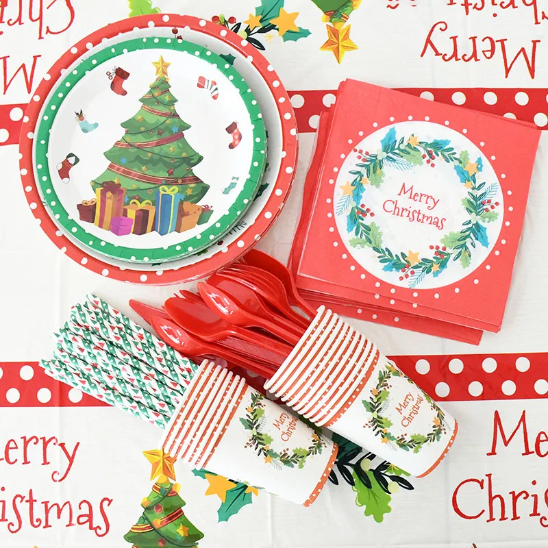 Merry Christmas Disposable Tableware Set Paper Plates Cup Napkin Banner Xmas  Decorations For Home Navidad New Year Supplies - AliExpress