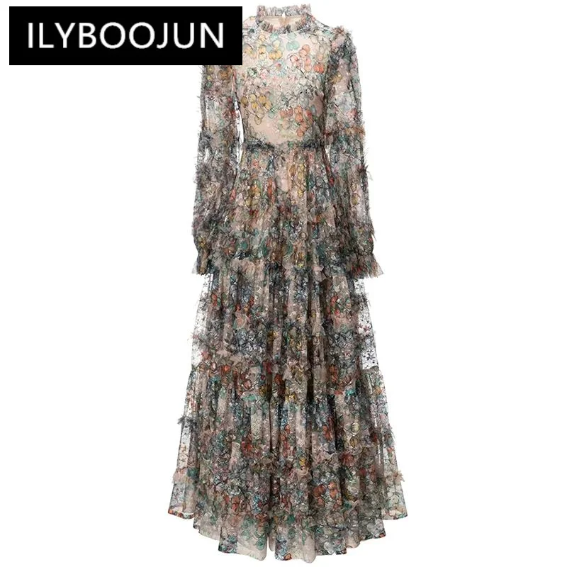 

ILYBOOJUN Fashion Designer Mesh Long Dress Women O-Neck Lantern Sleeve Flower Print Ruffle High Waiste Vintage Party Dresses