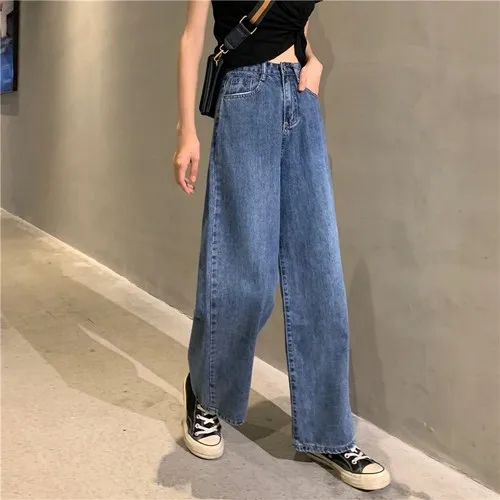 low rise jeans Phong Cách Mới Hàn Quốc Rộng Chân Váy Jeans Nữ Giảm Béo Đa Năng Rời Sinh Viên Thẳng-Quần Nữ Quần Jean phụ Nữ chrome hearts jeans Jeans