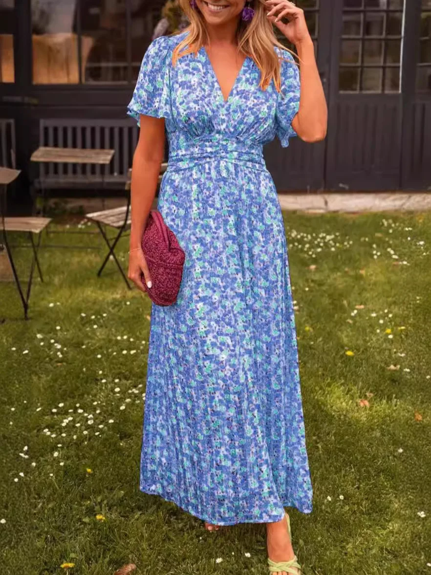 Vestido De Verano Para Mujer Con Estampado Floral - Cuello En V, Manga Corta, Con Bolsillos, Ideal Para Playa, Fiesta O Diario