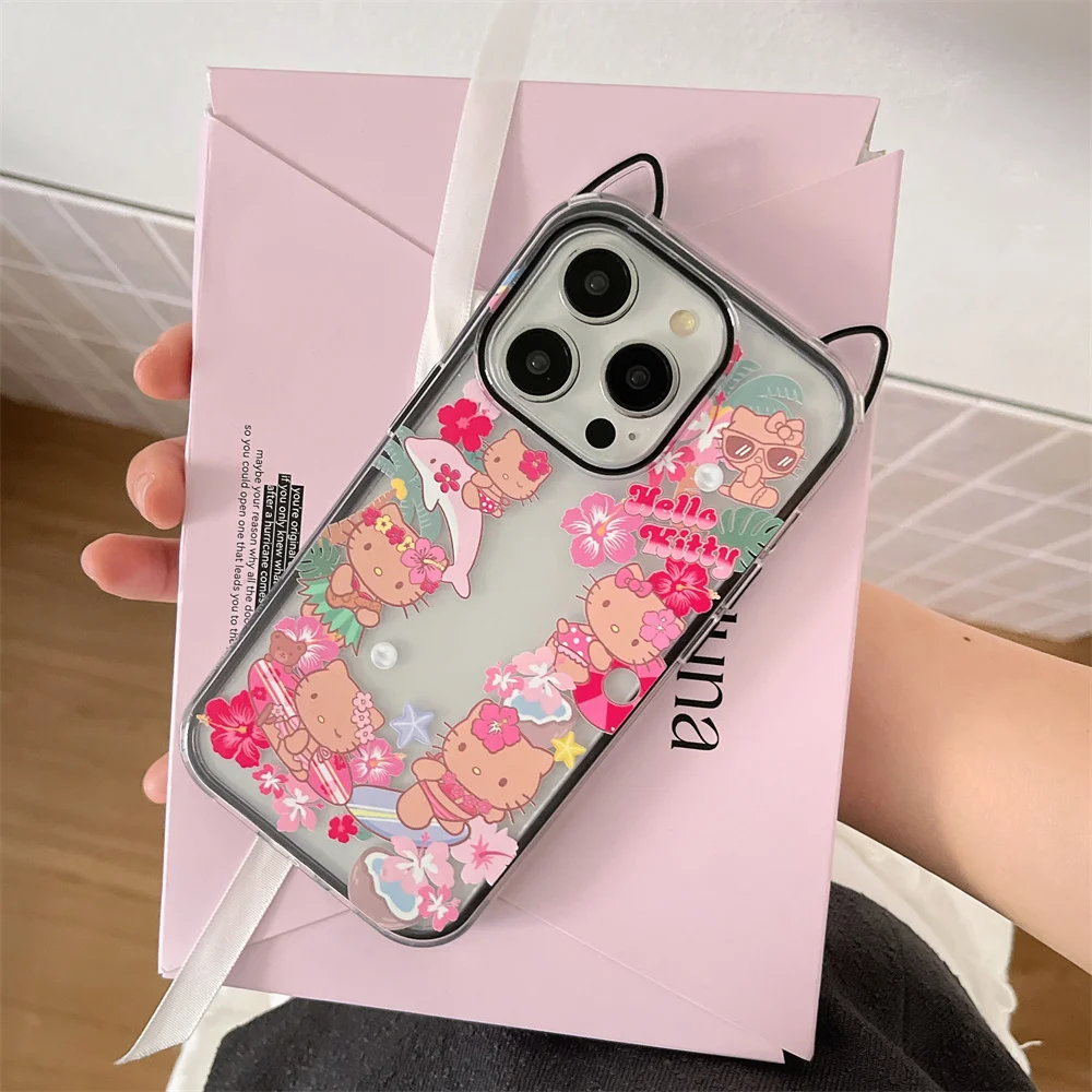 Cute 3D Cat Ears Summer Beach Hello Kitty Phone Case For