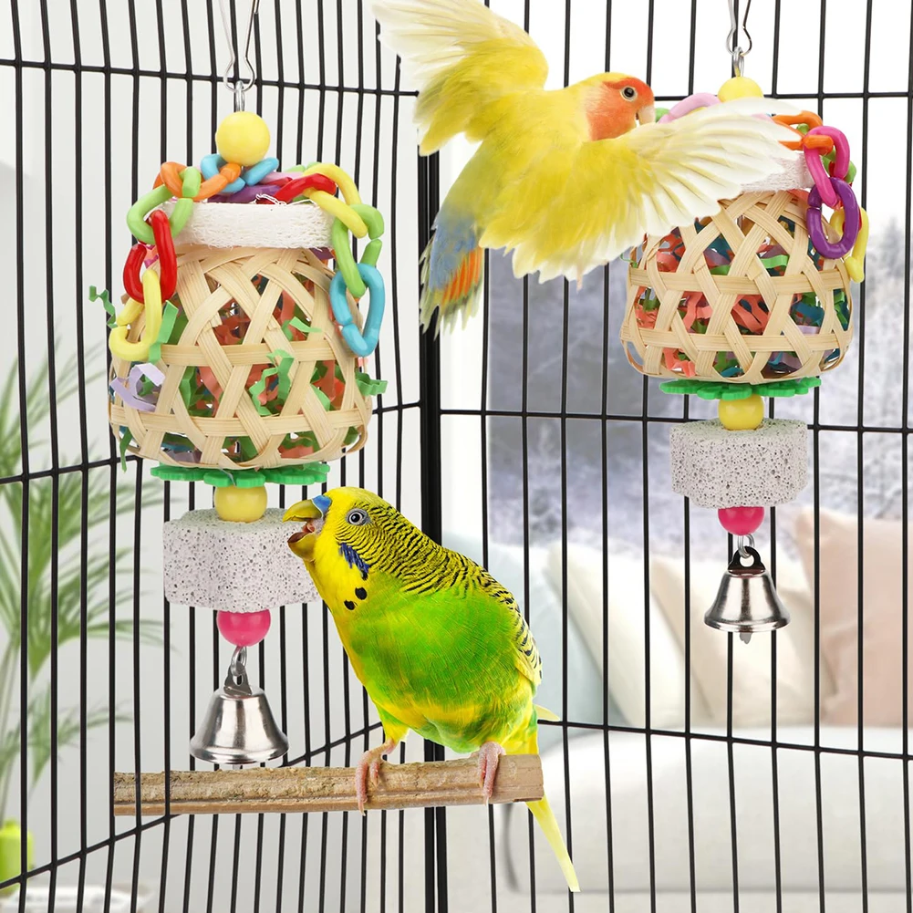 

Bird Foraging Toys Natural Seagrass Woven Basket Parrot Foraging Chewing Toys With Bell Colourful Parakeet Hanging Toys