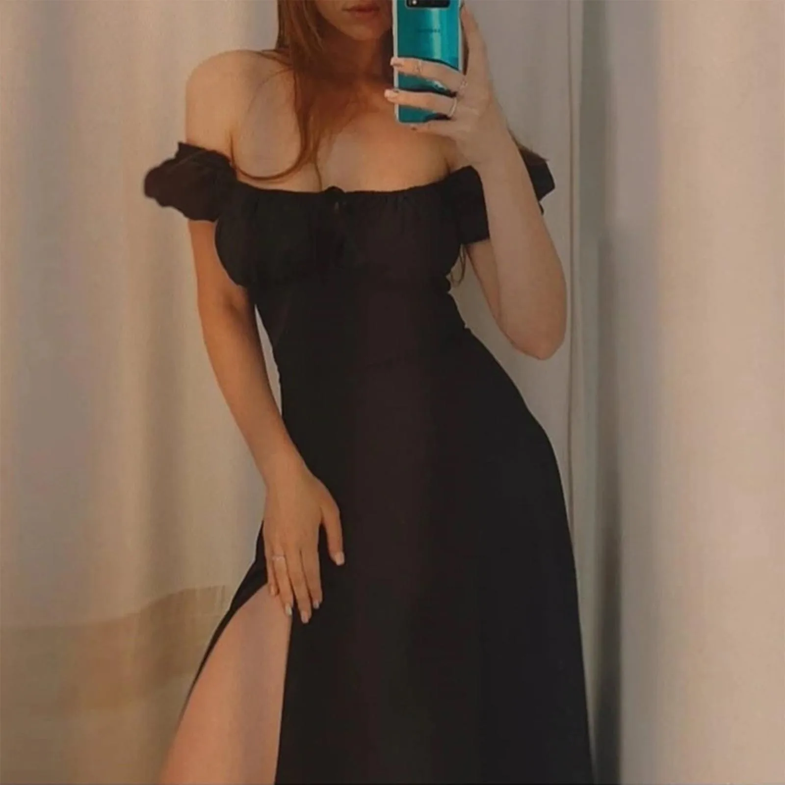 

Fall Dresses For Women 2024 Off Shoulder Pure Color Lace Up Elegant Party Dresses With Side Slit Formal Prom Evening Dress