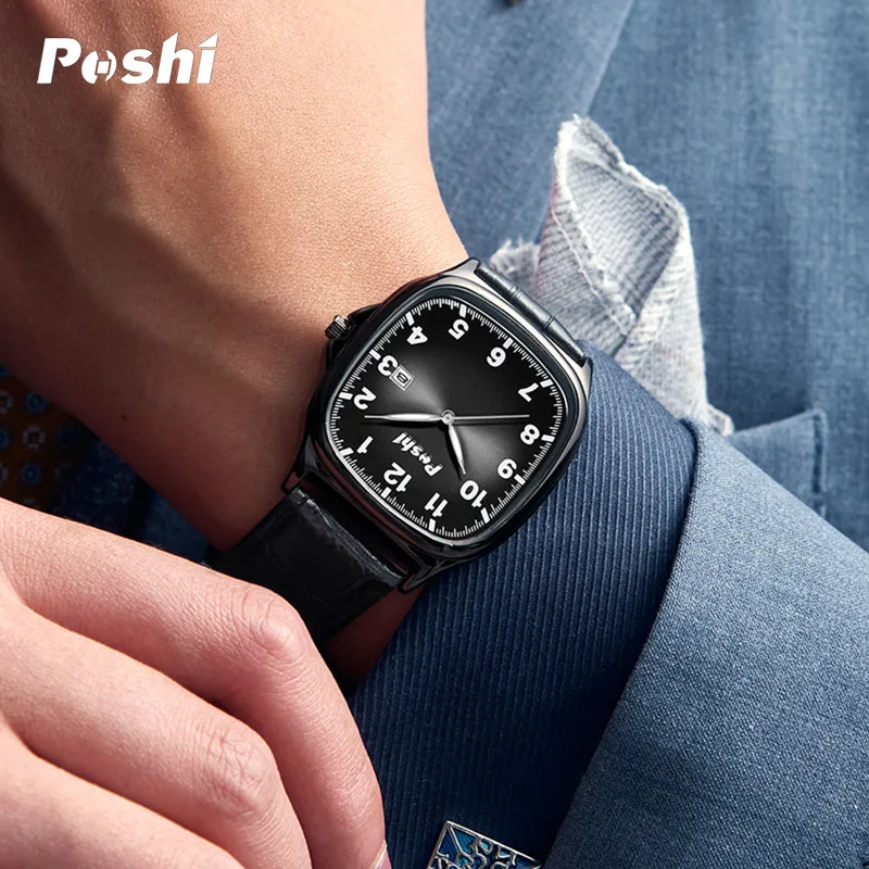 POSHI Men Watch Fashion Leather Strap Quartz Watches Waterproof Luminous Calendar Top Brand Luxury Casual Sport Men's Wristwatch 2